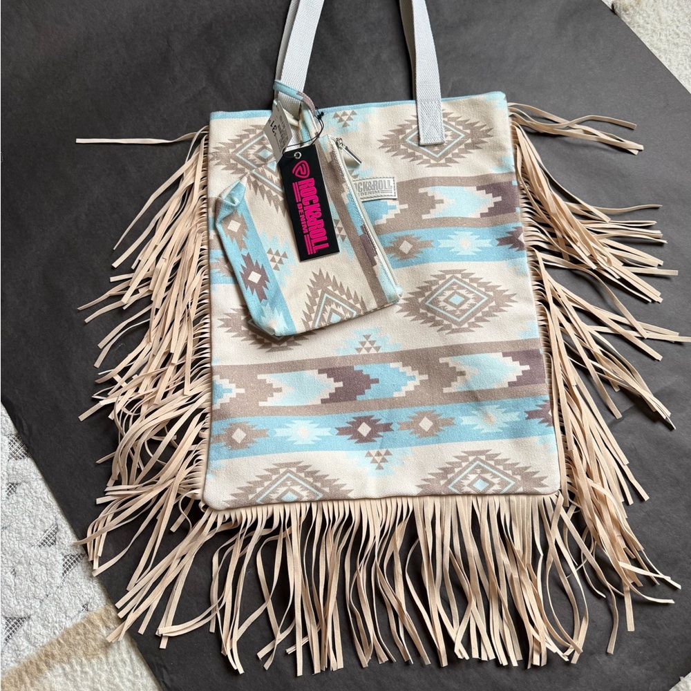Rock & Roll Denim Fringe Tote Bag with bonus Pouch